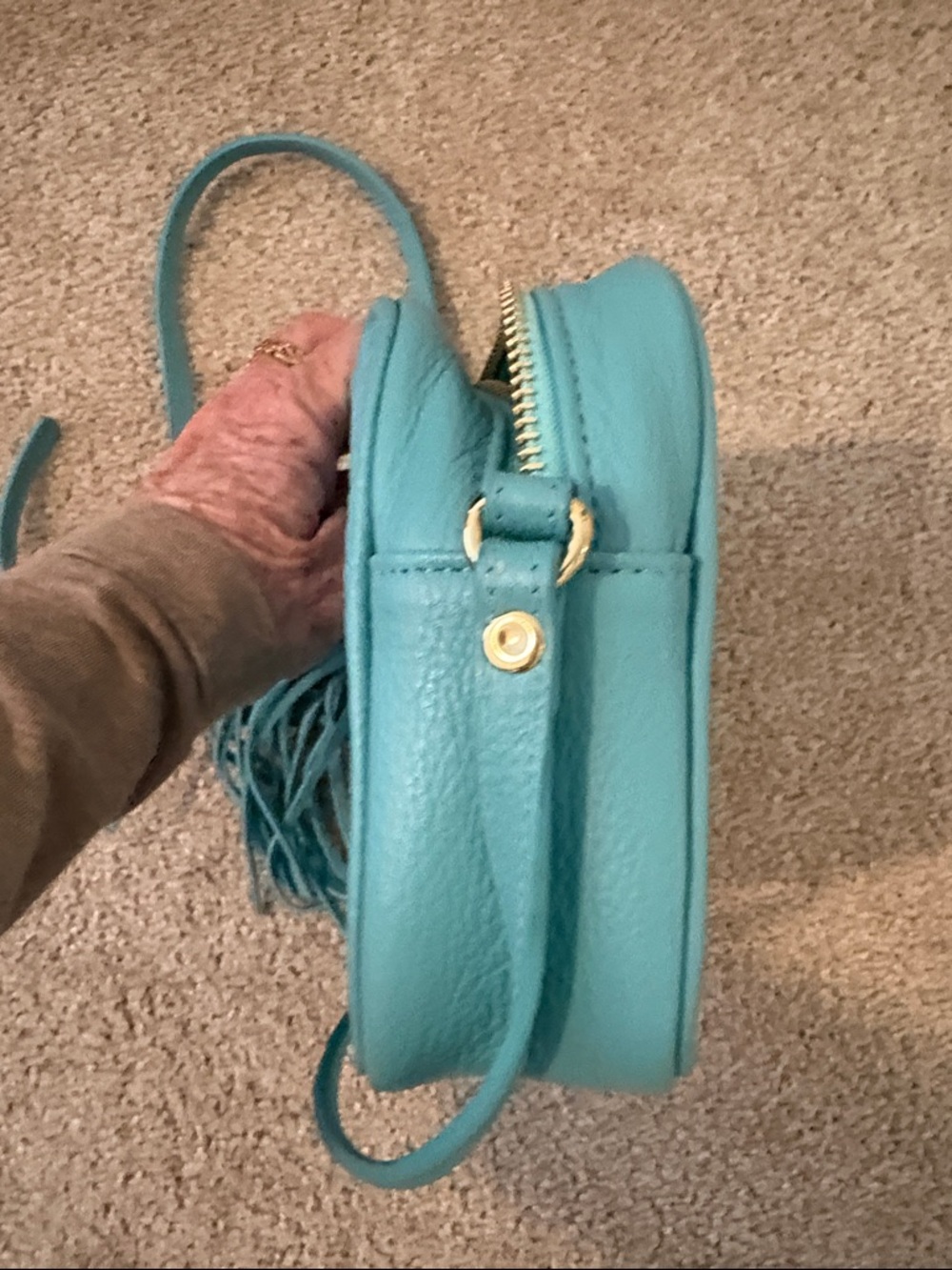 Textured Turquoise Crossbody Bag with Tassel Accent - Picture 5 of 7